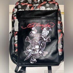 Ed Hardy Black and Red Backpack with Skull and Banner Design